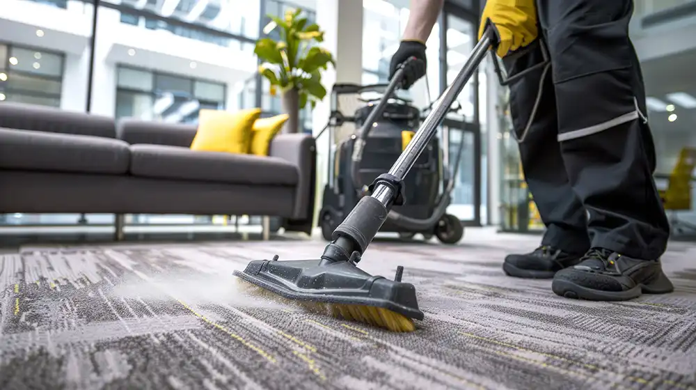 Industriestaubsauger, der von professionellen Reinigungskräften auf Büroteppichen verwendet wird.